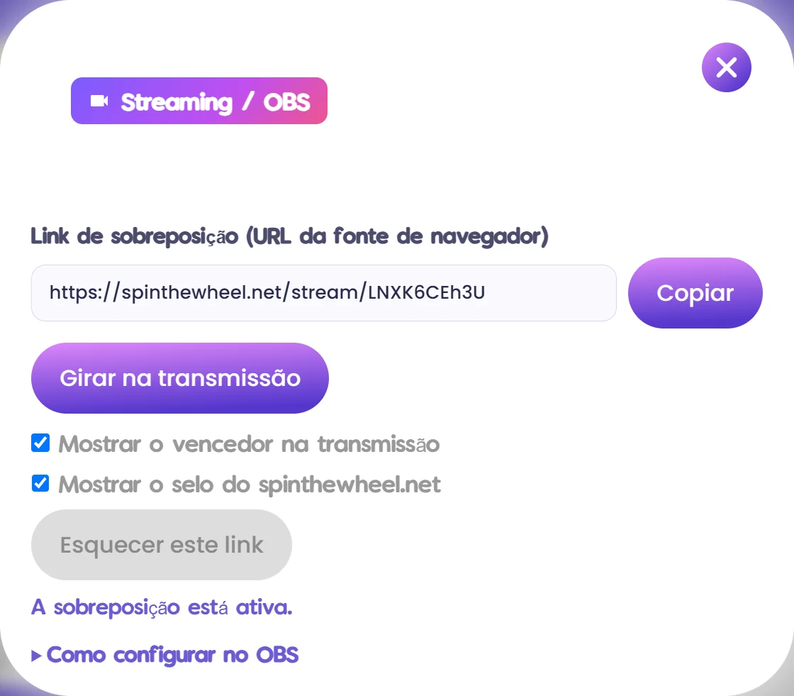 O painel Streaming / OBS na página da roleta, com o link do overlay, o botão de girar na live e os seletores de vencedor e do selo